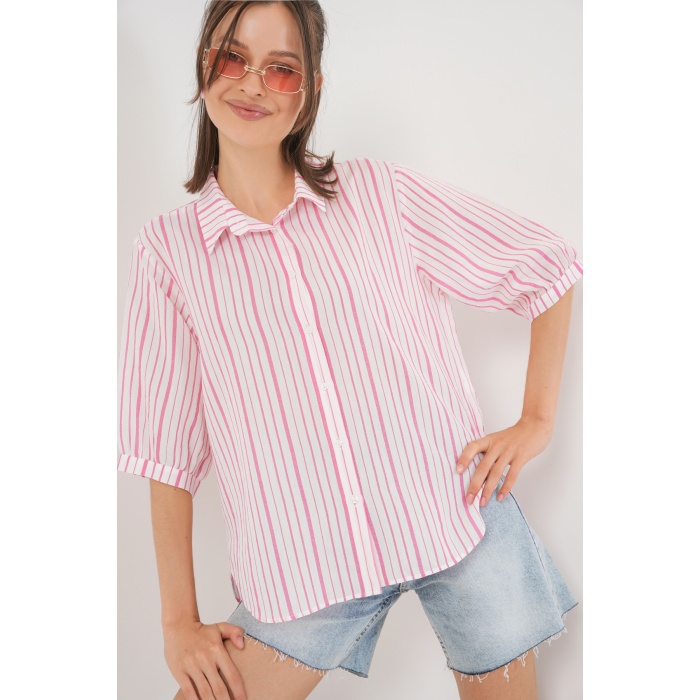 Kadın Çizgili Kısa Kol Gömlek 20345 - Pudra