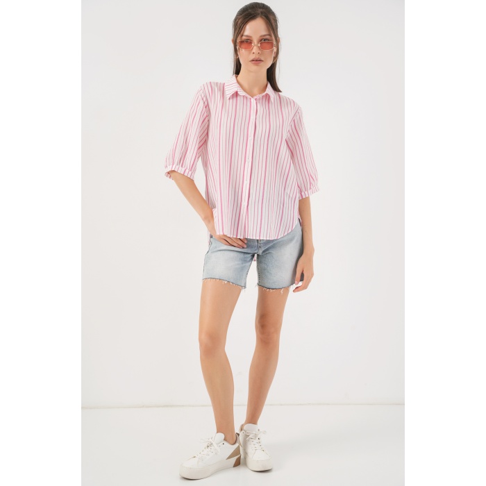 Kadın Çizgili Kısa Kol Gömlek 20345 - Pudra