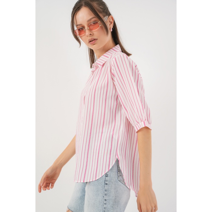 Kadın Çizgili Kısa Kol Gömlek 20345 - Pudra