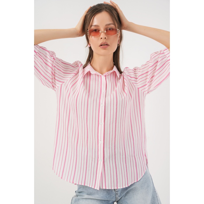 Kadın Çizgili Kısa Kol Gömlek 20345 - Pudra