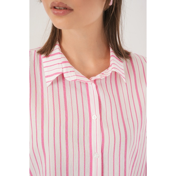 Kadın Çizgili Kısa Kol Gömlek 20345 - Pudra