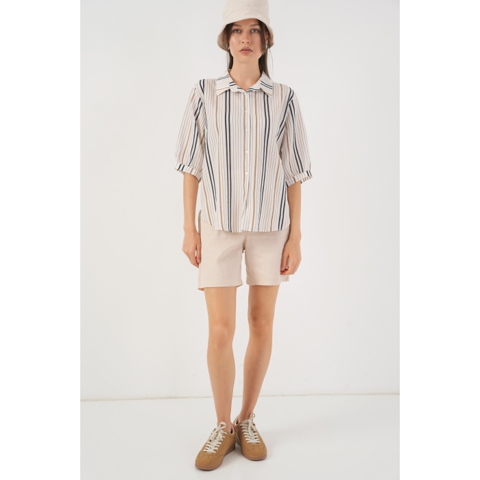 Kadın Çizgili Kısa Kol Gömlek 20345 - Bej