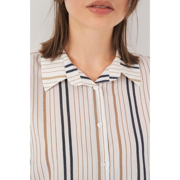 Kadın Çizgili Kısa Kol Gömlek 20345 - Bej
