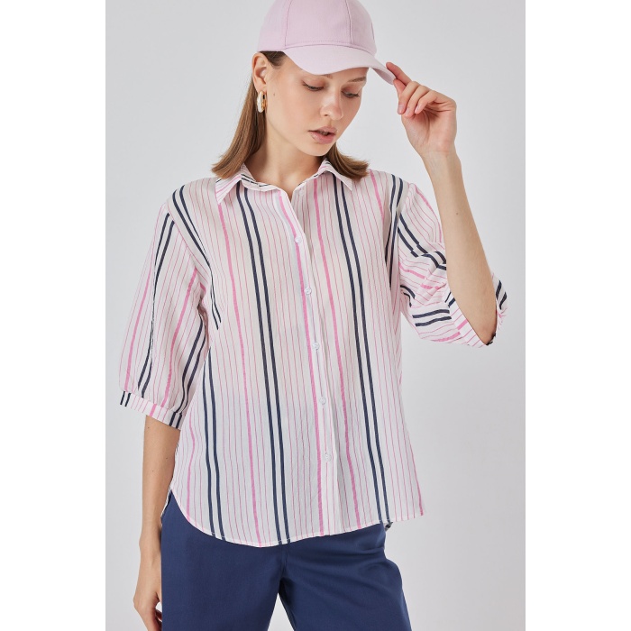 Kadın Çizgili Kısa Kol Gömlek 20345 - Pembe