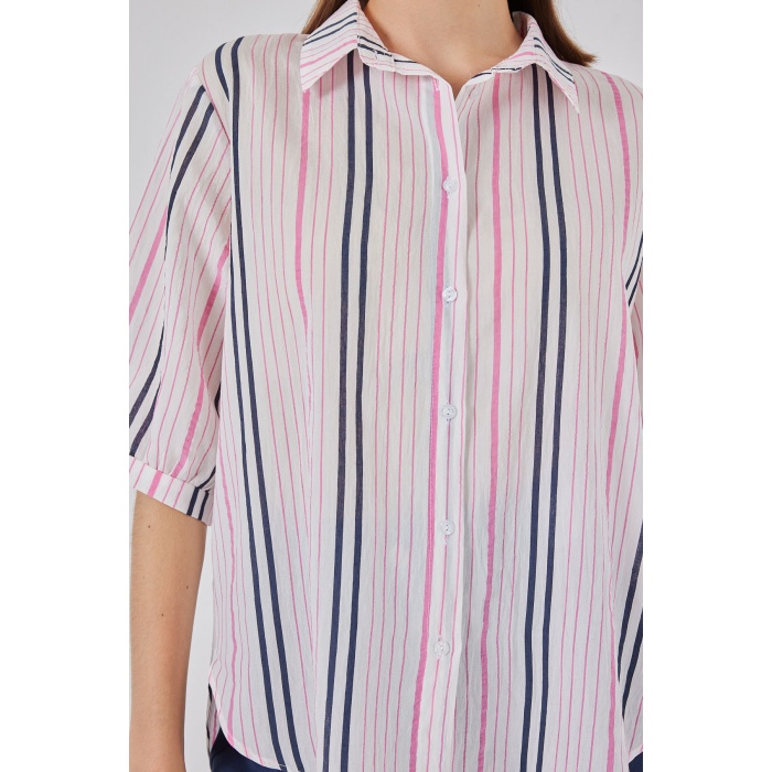 Kadın Çizgili Kısa Kol Gömlek 20345 - Pembe