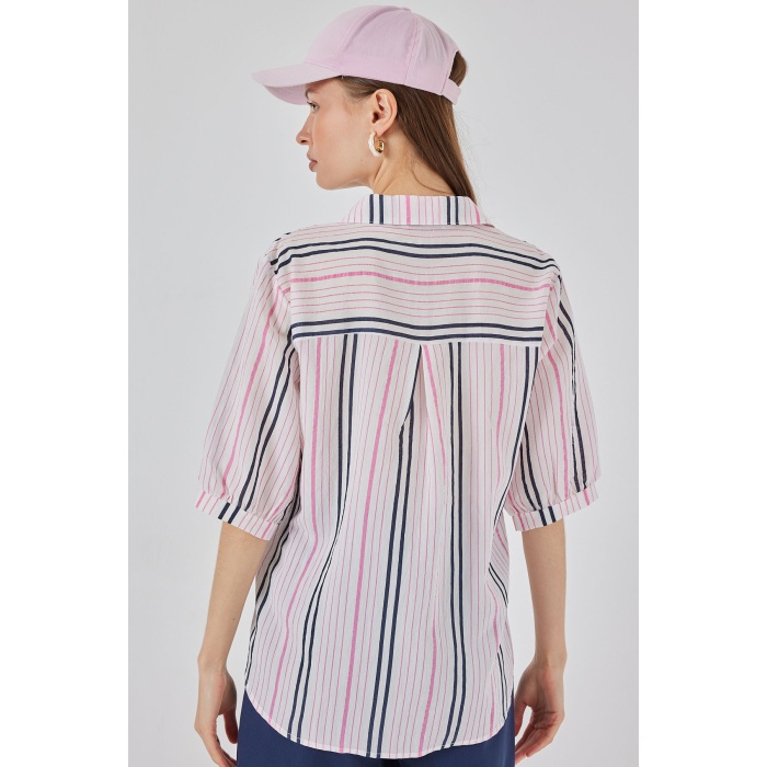 Kadın Çizgili Kısa Kol Gömlek 20345 - Pembe