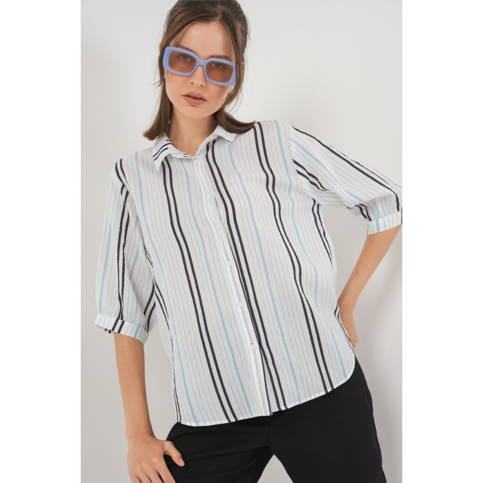 Kadın Çizgili Kısa Kol Gömlek 20345 - Açık Mavi