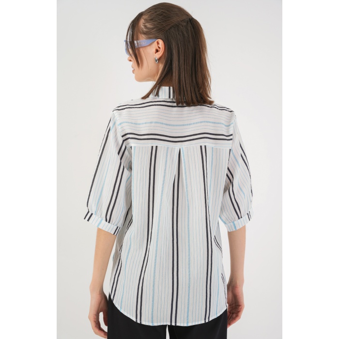 Kadın Çizgili Kısa Kol Gömlek 20345 - Açık Mavi
