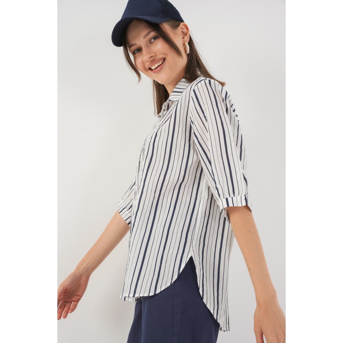 Kadın Çizgili Kısa Kol Gömlek 20345 - F.Lacivert