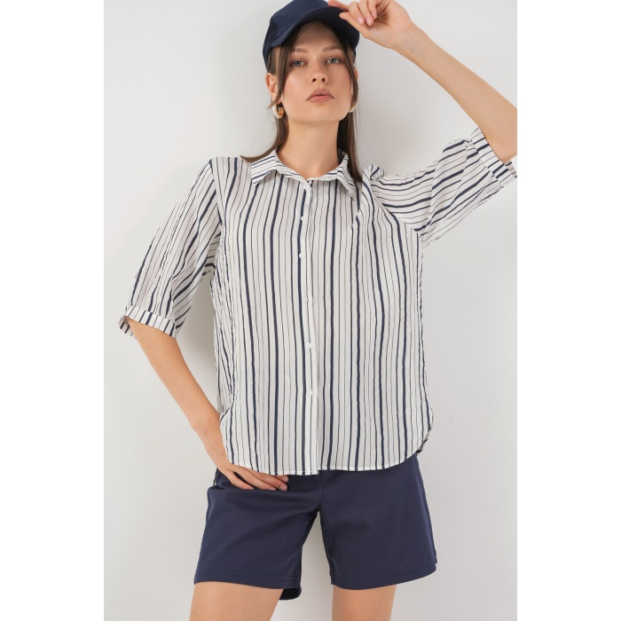 Kadın Çizgili Kısa Kol Gömlek 20345 - F.Lacivert
