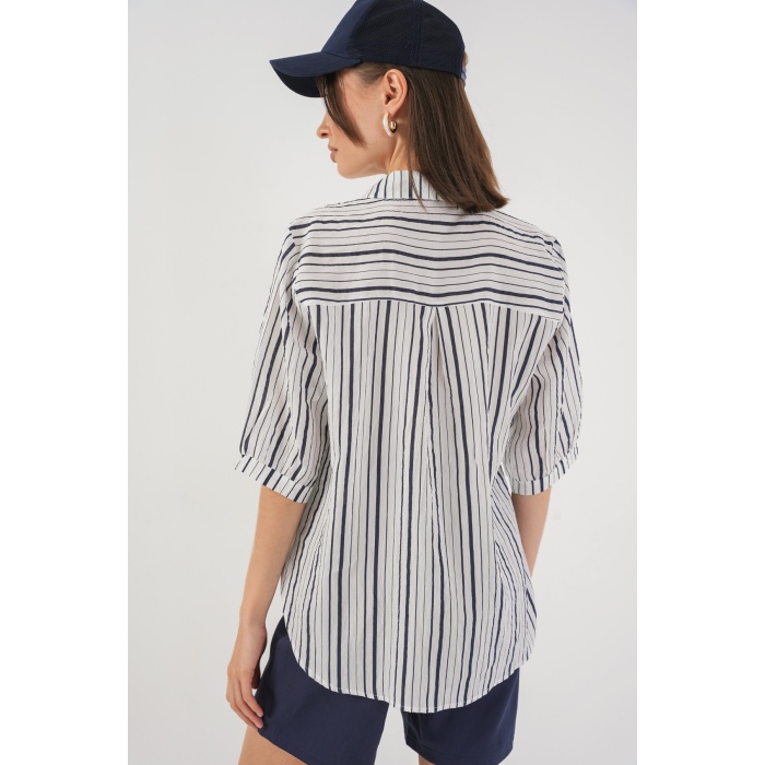 Kadın Çizgili Kısa Kol Gömlek 20345 - F.Lacivert