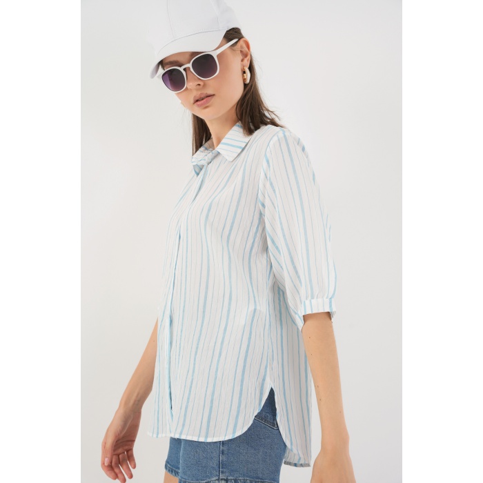 Kadın Çizgili Kısa Kol Gömlek 20345 - A.Mavi