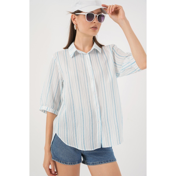 Kadın Çizgili Kısa Kol Gömlek 20345 - A.Mavi