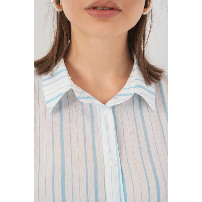 Kadın Çizgili Kısa Kol Gömlek 20345 - A.Mavi