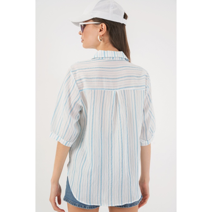 Kadın Çizgili Kısa Kol Gömlek 20345 - A.Mavi