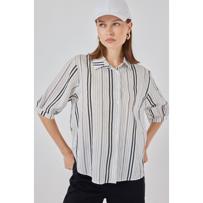 Kadın Çizgili Kısa Kol Gömlek 20345 - Taş