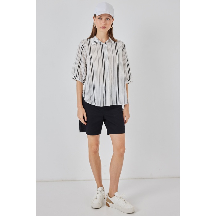 Kadın Çizgili Kısa Kol Gömlek 20345 - Taş
