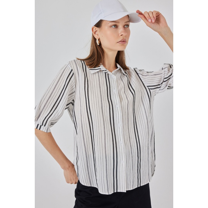 Kadın Çizgili Kısa Kol Gömlek 20345 - Taş