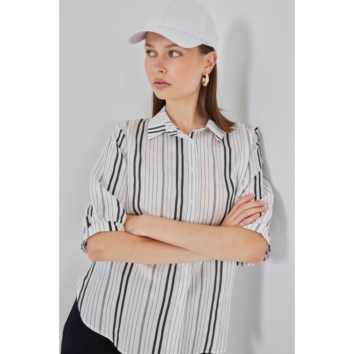 Kadın Çizgili Kısa Kol Gömlek 20345 - Taş