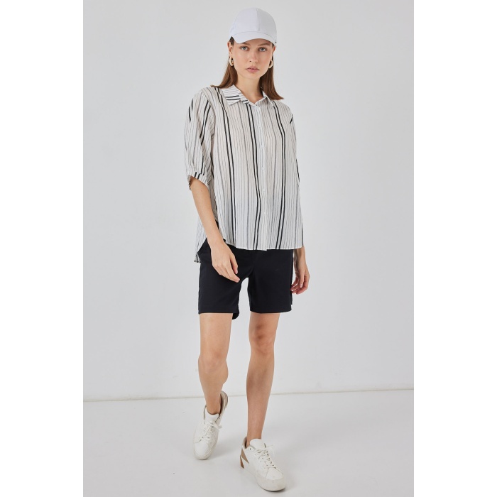 Kadın Çizgili Kısa Kol Gömlek 20345 - Taş