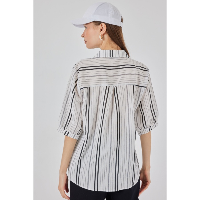 Kadın Çizgili Kısa Kol Gömlek 20345 - Taş