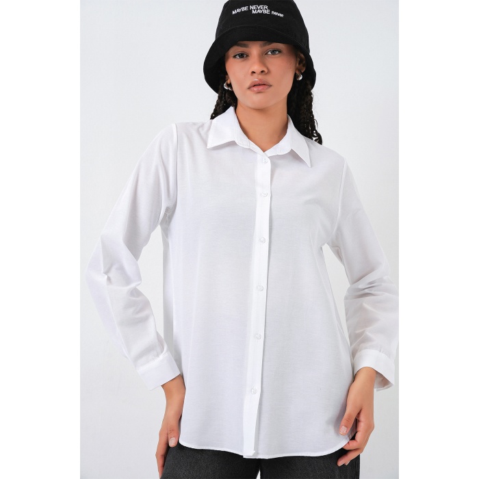 Kadın Oversize Basic Gömlek 20349 - Beyaz