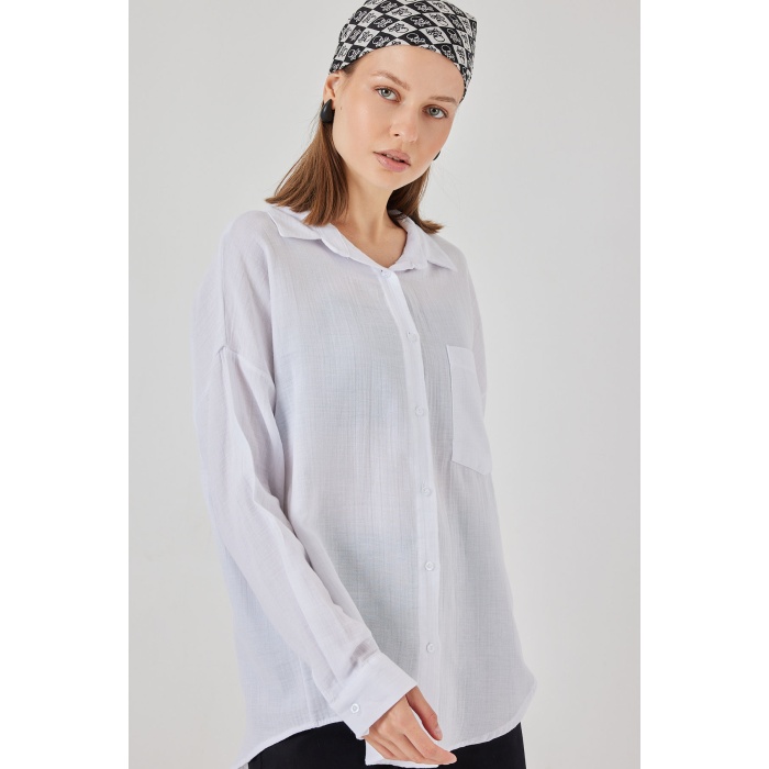 Kadın Tek Cepli Oversize Müslin Gömlek 20353 - Beyaz