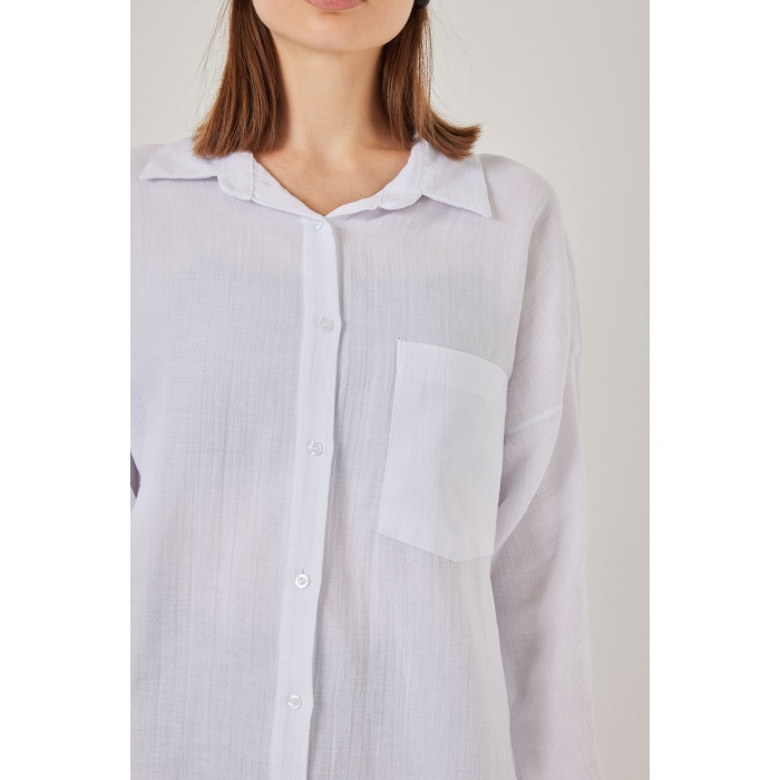 Kadın Tek Cepli Oversize Müslin Gömlek 20353 - Beyaz