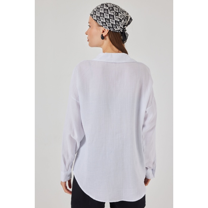 Kadın Tek Cepli Oversize Müslin Gömlek 20353 - Beyaz