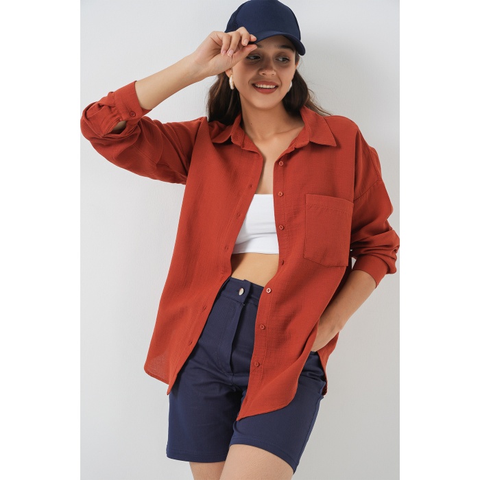 Kadın Tek Cepli Oversize Müslin Gömlek 20353 - Kiremit