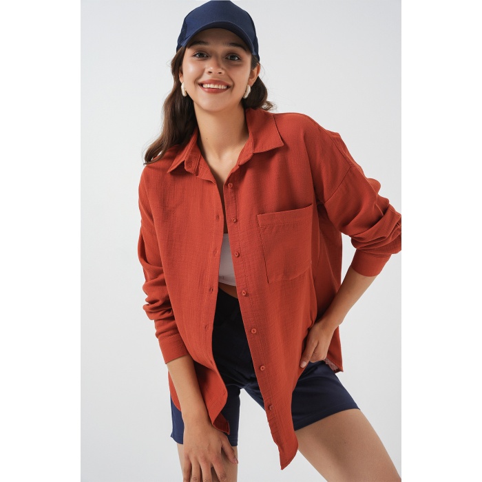 Kadın Tek Cepli Oversize Müslin Gömlek 20353 - Kiremit