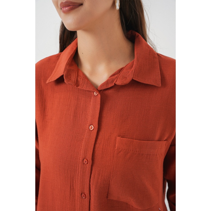 Kadın Tek Cepli Oversize Müslin Gömlek 20353 - Kiremit
