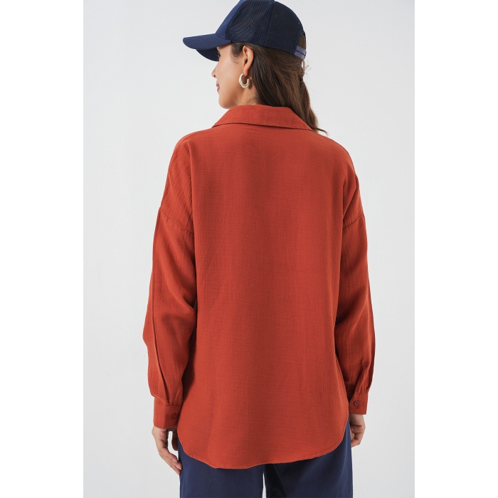 Kadın Tek Cepli Oversize Müslin Gömlek 20353 - Kiremit