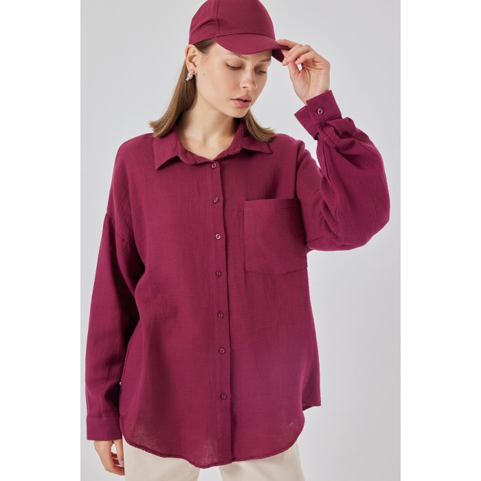 Kadın Tek Cepli Oversize Müslin Gömlek 20353 - Mürdüm