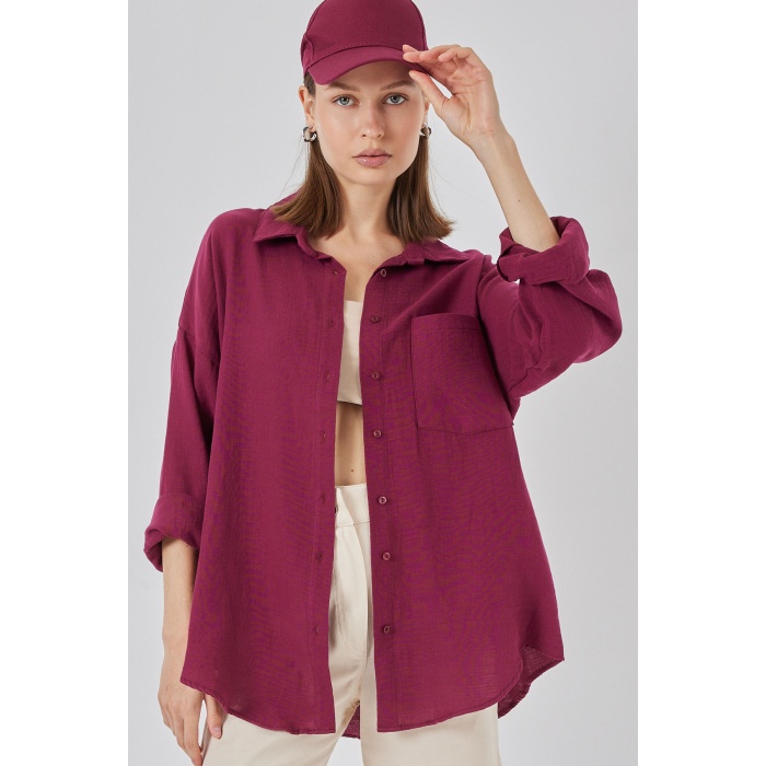 Kadın Tek Cepli Oversize Müslin Gömlek 20353 - Mürdüm