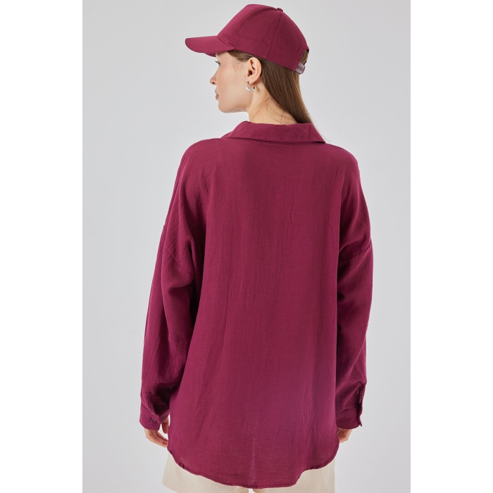 Kadın Tek Cepli Oversize Müslin Gömlek 20353 - Mürdüm