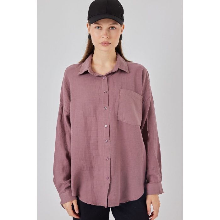 Kadın Tek Cepli Oversize Müslin Gömlek 20353 - Koyu Lila