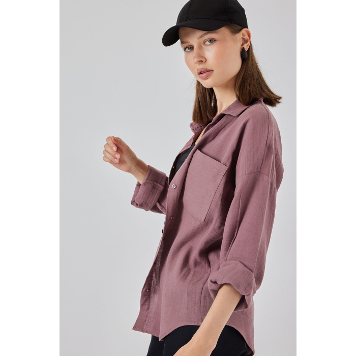 Kadın Tek Cepli Oversize Müslin Gömlek 20353 - Koyu Lila