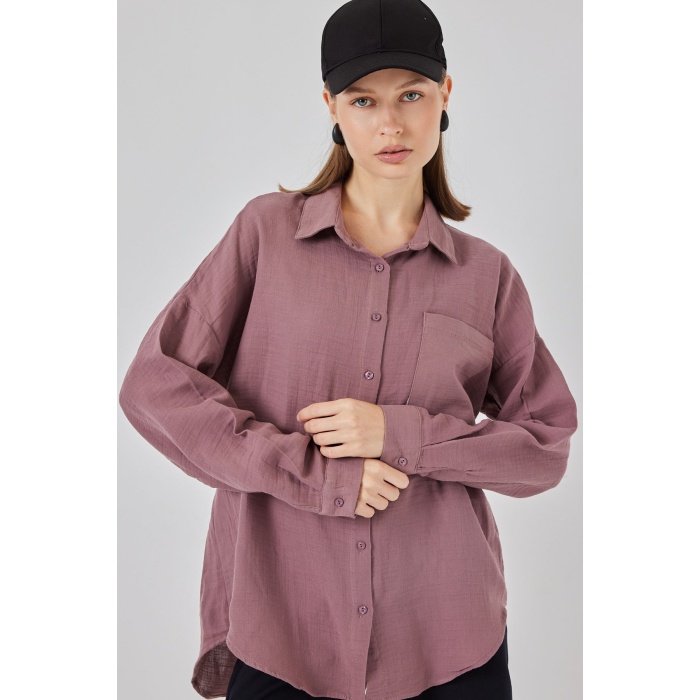 Kadın Tek Cepli Oversize Müslin Gömlek 20353 - Koyu Lila