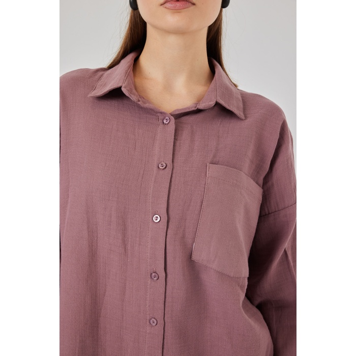Kadın Tek Cepli Oversize Müslin Gömlek 20353 - Koyu Lila