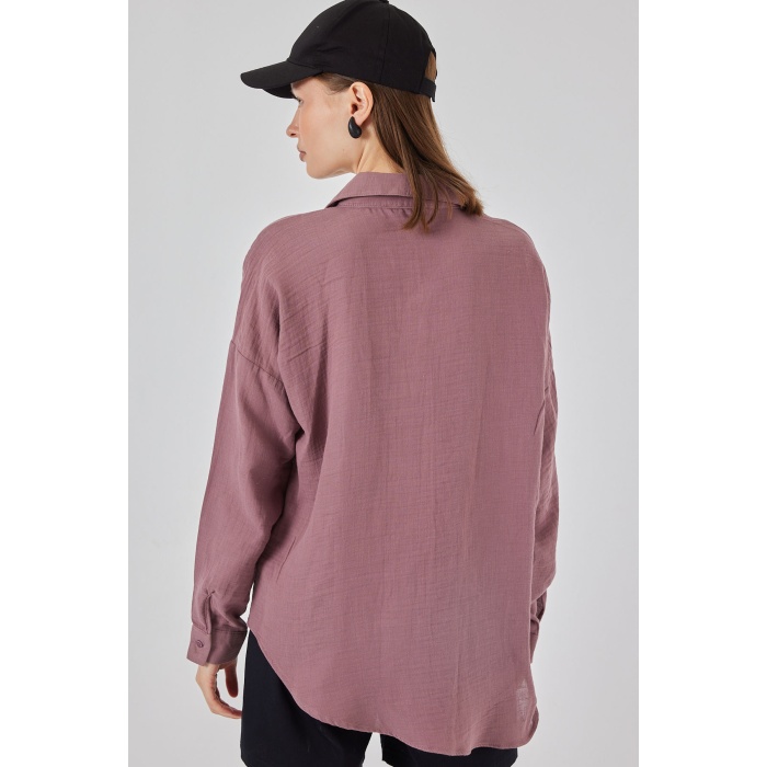 Kadın Tek Cepli Oversize Müslin Gömlek 20353 - Koyu Lila