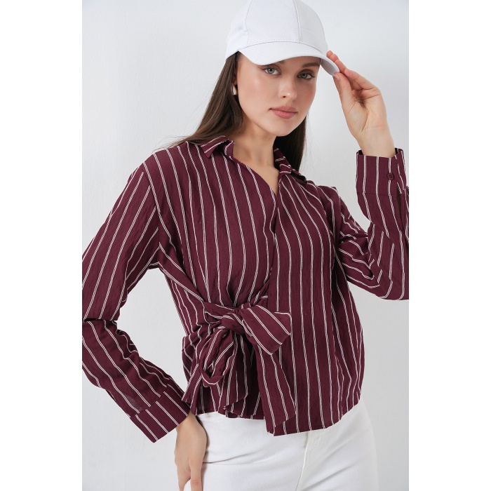 Kadın Önü Bağlamalı Çizgili Gömlek 20362 - Bordo