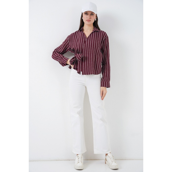 Kadın Önü Bağlamalı Çizgili Gömlek 20362 - Bordo