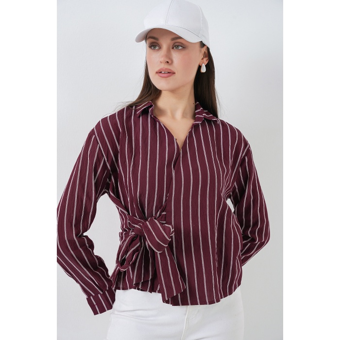 Kadın Önü Bağlamalı Çizgili Gömlek 20362 - Bordo