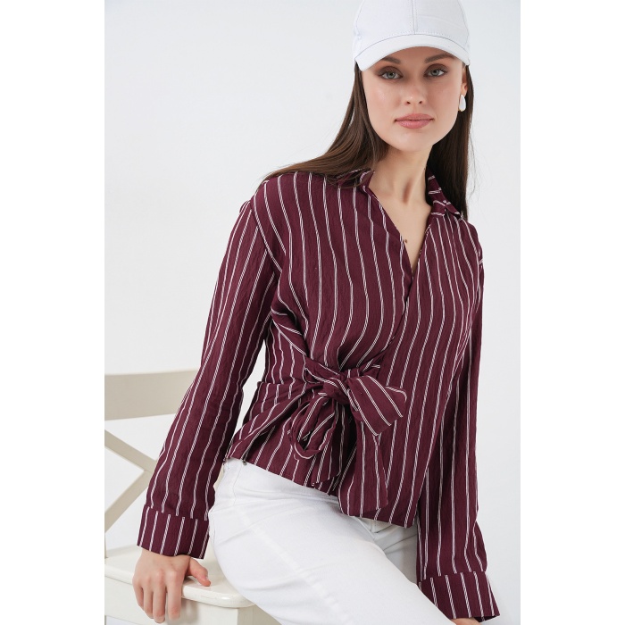 Kadın Önü Bağlamalı Çizgili Gömlek 20362 - Bordo
