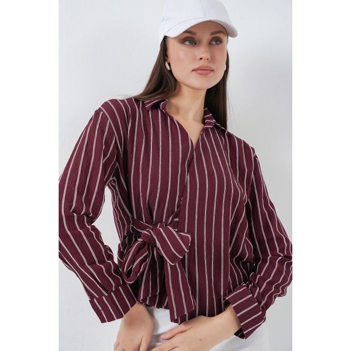 Kadın Önü Bağlamalı Çizgili Gömlek 20362 - Bordo
