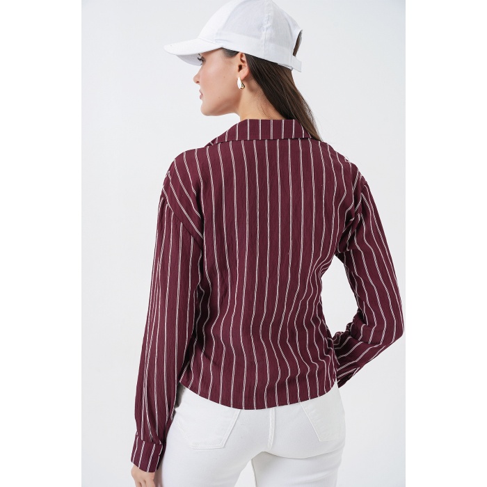 Kadın Önü Bağlamalı Çizgili Gömlek 20362 - Bordo