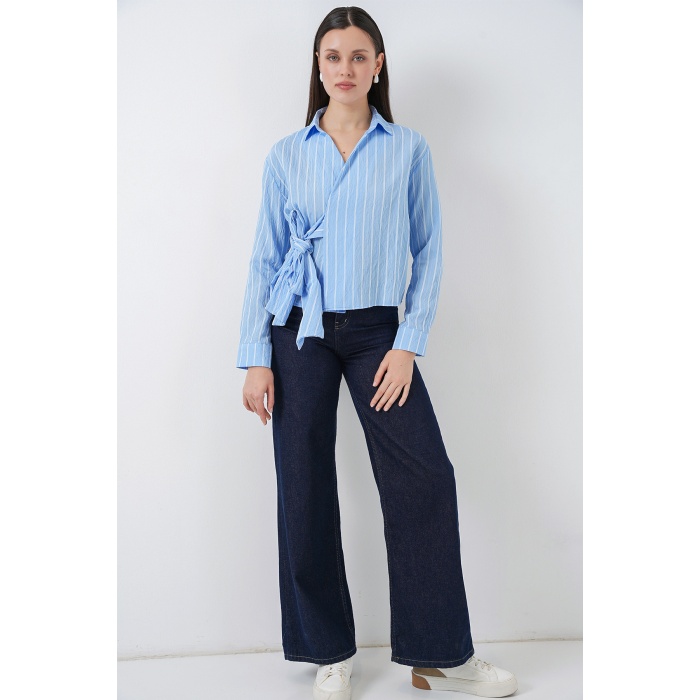 Kadın Önü Bağlamalı Çizgili Gömlek 20362 - Mavi