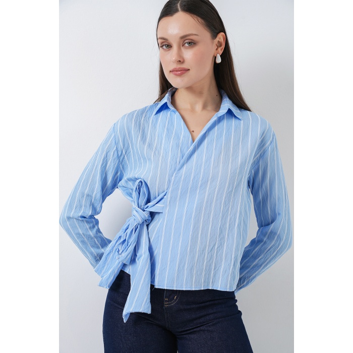 Kadın Önü Bağlamalı Çizgili Gömlek 20362 - Mavi