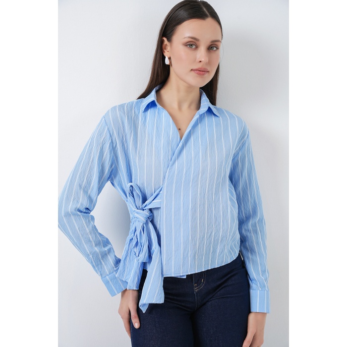 Kadın Önü Bağlamalı Çizgili Gömlek 20362 - Mavi